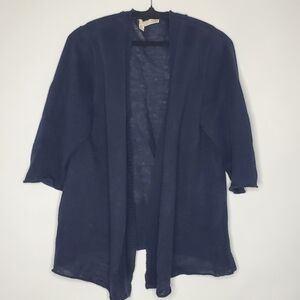 Eileen Fisher LINEN Open Front Cardigan Size L Navy 3/4 Sleeve Sweater Casual